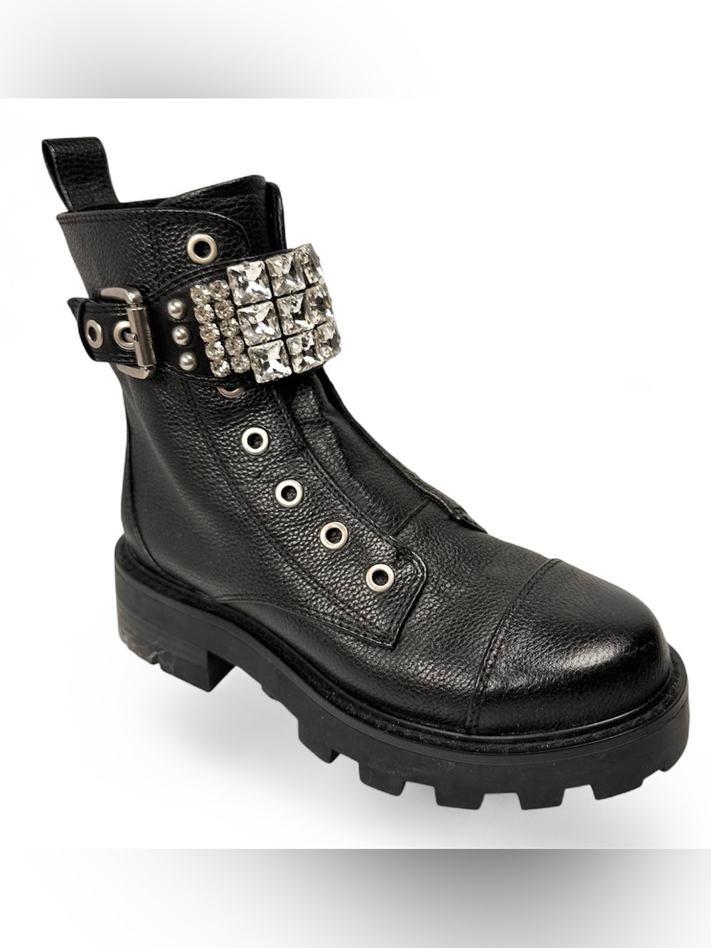 Karl Lagerfeld Maeva Black Leather Crystal Combat Boots Size 5